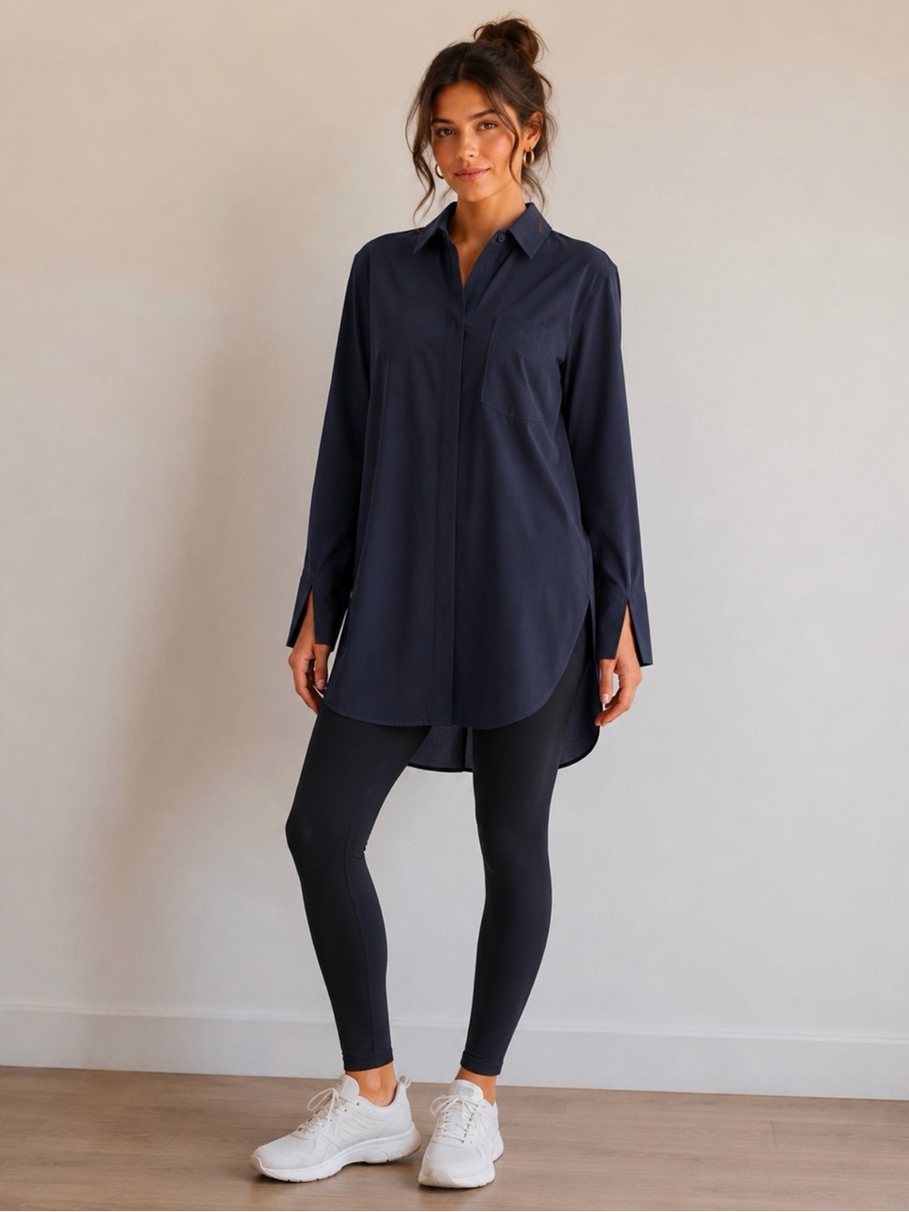 Athleta Navy Long-Sleeve Tunic Button-Up